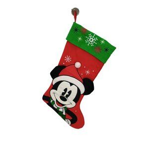 Disney Mickey Mouse Christmas Stocking Santa Hat Green Red Snowflakes Decor